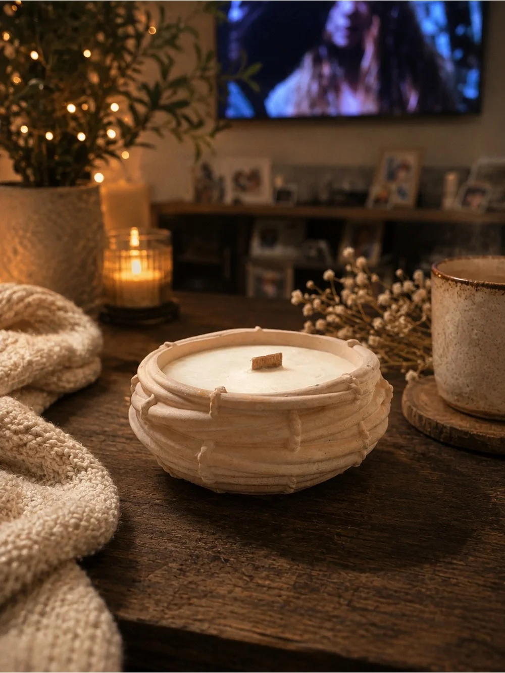Cream Ceramic Bowl Candle with Wooden Wick - Home Accents